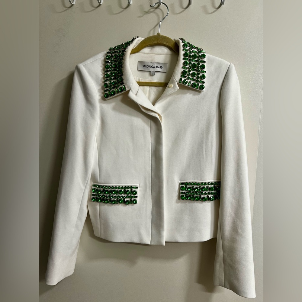 Veronica Beard Imogen Embellished Cropped Jacket | White + Emerald Green Jewels